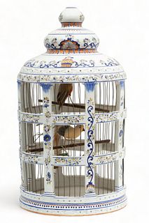 Italian Faience Glazed Ceramic Bird Cage, Ca. 20th C., H 23.5" Dia. 12.5"