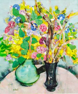 Maite Delteil (French, B. 1933) Oil on Canvas, "Floral Still Life", H 21.75" W 18"
