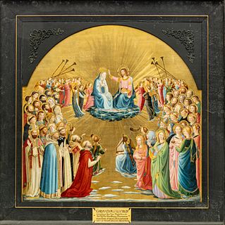 Emilia J. Ginanneschi (Italian, 19th C.) Oil And Gold Leaf on Cradled Panel, After Fra Angelico "Coronation of the Virgin", H 23.75" W 23.5"