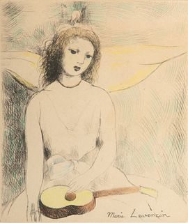 Marie Laurencin (French, 1883-1956) Etching with Hand Coloring on Paper, 1946, Later Imp., "Jeune Fille À La Guitare", H 7.75" W 6.5"