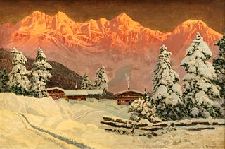 Alois Arnegger (Austrian, 1879-1967) Oil on Canvas, Mountain Snow Scene, H 24" W 36"