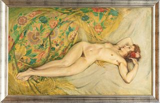 Edouard Jules Chimot (French, 1880-1959) Oil on Canvas, "Reclining Nude Female", H 31" W 51"
