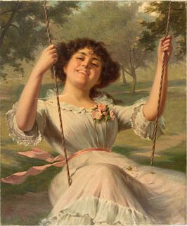 Edwin Thomas Roberts (English, 1840-1917) Oil on Canvas, "Full Swing", H 30" W 25.75"
