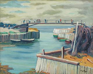 Tunis Ponsen (American, 1891-1968) Oil on Canvas, "Bridge over the Channel", H 15.75" W 19.5"