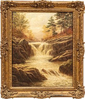 William Rickarby Miller (American, 1818-1893) Oil on Canvas, New Hampshire "Waterfall", H 20" W 16"