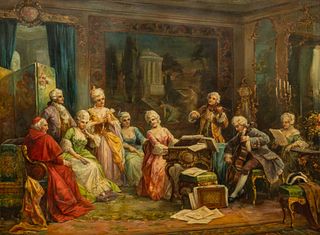 Heinz Pinggera (Italian, B. 1900) Oil on Canvas, Ca. Mid 20th C., "Music Recital", H 29" W 39"
