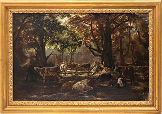 Auguste Bonheur (French, 1824-1884) Oil on Canvas, Ca. 1858, "Cattle Resting in the Shade of a Forest", H 21" W 32"