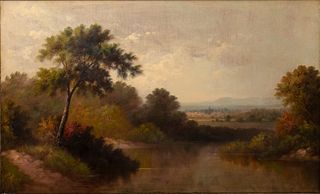 Homer Dodge Martin (American, 1836-1897) Oil on Panel, Hudson Valley Landscape, 1884, H 22" W 36"