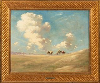 In the Manner of Eugene Samuel Auguste Fromentin (French, 1820-1876) Oil on Canvas, Ca. 19th C., "Desert Caravan", H 19" W 24.5"
