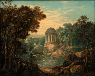 Attributed to Hubert Robert (French, 1733-1808) Oil on Canvas, Ca. 18th C., "Classical Temple on a Rocky Outcrop", H 16" W 20"