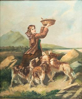 Harold Archer Oil on Canvas, "Young Woman Feeding Dogs", H 30" W 25"