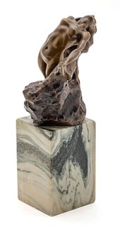 French Art Nouveau Bronze Sculpture, Ca. Early 20th C., "Woman on a Wave Swept Rock", H 9" W 10"
