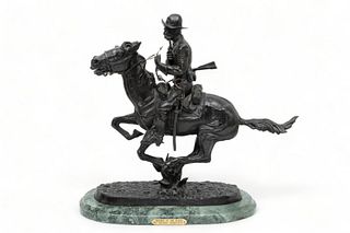 After Frederic Remington (American, 1861-1909) Bronze Sculpture, "Trooper of the Plains", H 19.25" W 6" L 15.5"