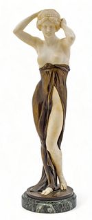 Lothar (German) Alabaster & Bronze Sculpture, Semi-Nude Young Woman H 19" Dia. 6"
