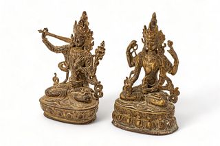Pair of Tibetan Bronze Chenrezig (Guanyin) & Manjushri (Wénshū) Statues Ca. 1910-1920, H 9" W 5.5" Depth 3.5" 1 Pair