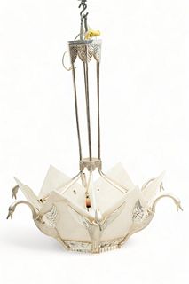 Art Deco Style Six Light Metal And Alabaster Chandelier, 20th C., H 35" Dia. 32"