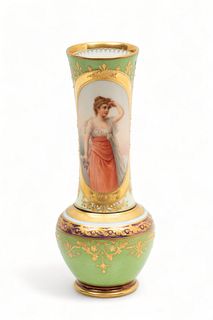 Royal Vienna Porcelain (Austrian) Porcelain Cabinet Vase Ca. 1880-1900, "Lehnsucht (Loyalty) Signed Greiner", H 8.25" Dia. 3.25"