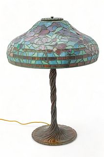 Tiffany Style Art Glass Lamp, "Peony", H 25.5" Dia. 20"