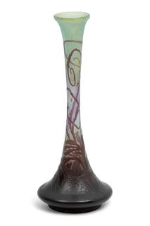 Galle Acid Cutback Art Glass Bud Vase, Ca. 1900-1910, H 9.5" Dia. 3.75"