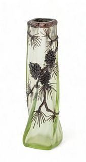 Loetz Glass And Silver Overlay Bud Vase Ca. 1900, "Pine Branch", H 6"