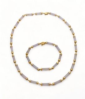 Lavender Jade & 14k Yellow Gold Necklace And Bracelet, L 18.5" 23g 2 pcs