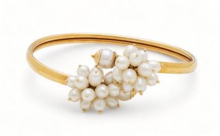 Pearl And 14k Yellow Gold Bangle Bracelet, Dia. 2.5" 12g