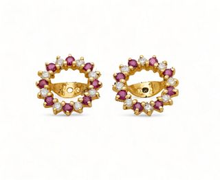 Pair of Diamond, Ruby, And Yellow Gold Earring Jackets, Dia. 0.5" 1g