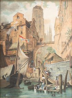 O. Renner, (Dutch) Watercolor on Paper on Artist Board 1897, "Dutch City Dock Scene", H 11" W 8.5"