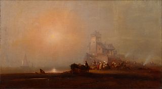 George Washington Nicholson (American, 1832-1912) Oil on Canvas, "Fishing Village at Dawn", H 23.75" W 42.75"