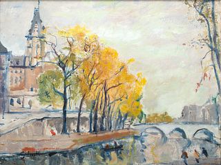 Herant Gulbenkian (French, 1881-1968) Oil on Canvas Ca. Mid 20th C., "Seine River Scene", H 18" W 24"