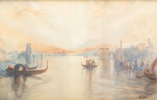 Felix Francois Georges Philibert Ziem (French, 1821-1911) Watercolor on Paper, "Venetian Scene", H 9" W 14"
