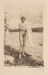 Anders Zorn (Swedish, 1860-1920) Etching on Cream Laid Paper, 1919, Dal River, H 7.1" W 4.5"
