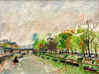 Herant Gulbenkian (French, 1881-1968) Oil on Canvas, Ca. Mid 20th C., "Seine River Scene", H 18" W 24"