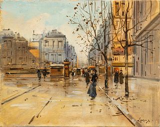 Claude Leroux (French, 1930-2006) Oil on Panel "Paris Street Scene (Autumn)", H 13" W 16.2"