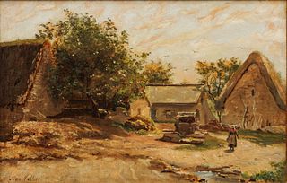 Jean Marc Dunant-Vallier (Swiss, 1818-1888) Oil on Canvas, "Farm Scene", H 12.25" W 15.5"