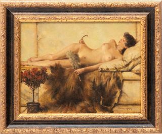 After Sir Lawrence Alma-Tadema Oil on Board  20th C., "In the Tepiderium", H 10" W 13"