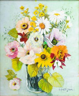 Odette Petit Jean (French, B. 1906) Oil on Canvas, "Floral Still Life", H 18" W 15"