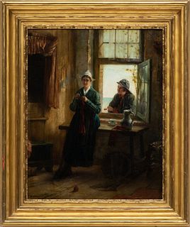 EDWARD ANTOON PORTIELJE (Belgian, 1861-1949) OIL on PANEL C. 19th C., "Courtship", H 16" W 12.5"