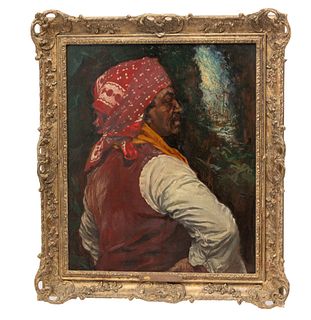 Joseph William Topham Vinall (British, 1873-1953) Oil on Wood Panel, the Bandit, H 23" W 19.25"