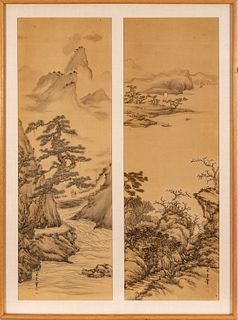 Chinese Watercolor And Ink on Silk Diptych, 20th C., H 49" W 16.5"