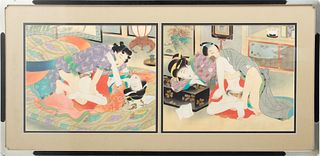 Pair of Japanese Shunga Paintings on Silk, H 12.75" W 15.75"