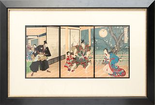 Toyohara Chikanobu (Japanese, 1838-1912) Ukiyo-e Woodblock Print Triptych, Ca. 1890, "Soga Monogatari, Oiso Geisha House"