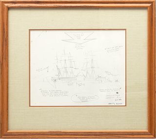 Jim Clary (American, 1939-2018) Artist's Pencil Work Sketch on Paper for "The Naming of Old Ironsides" Ca. Later 1970s, H 9.5" W 11.5"