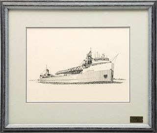 Jim Clary (American, 1939-2018) Ink Sketch on Paper, Ca. 1970s, the Great Lakes Freighter J. Burton Ayers, H 9.5" W 12.5"