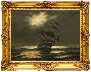 C. Dorian Oil on Canvas Sailing Ship at Night, H 30" W 40"