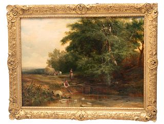 English Oil on Canvas, 19th C., "Boy Fishing", H 22.25" W 30"