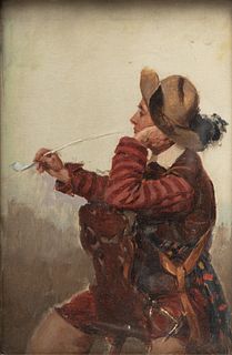 Joseph W. Gies (American, 1860-1935) Oil on Canvas Mounted to Board, Ca. 1914, "Smoking Cavalier", H 11" W 8"