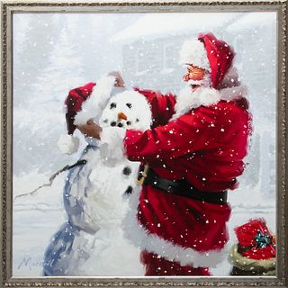 Framed Canvas Print, "Santa Claus Decorating a Snowman", H 25.5" W 25.5"