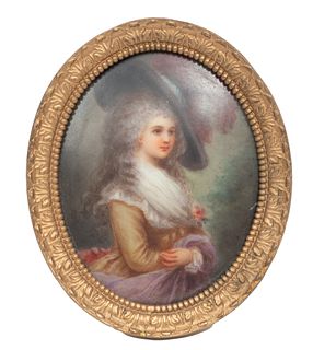 Painting on Porcelain After Gainsborough, Bronze Frame. H 3" W 2.5"