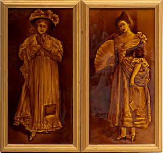 English Glazed Ceramic Framed Tiles, Young Ladies, Ca. 1900, H 11.5" W 5.75"